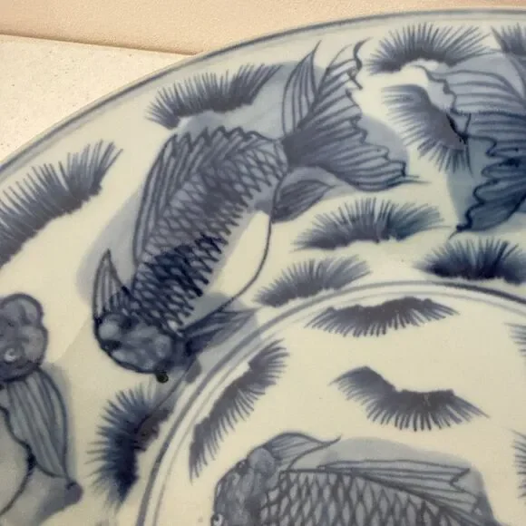 Chinese Antique Blue and White Light Blue Porcelain Bowl w/ Koi Goldfish Pattern - Picture 4 of 14